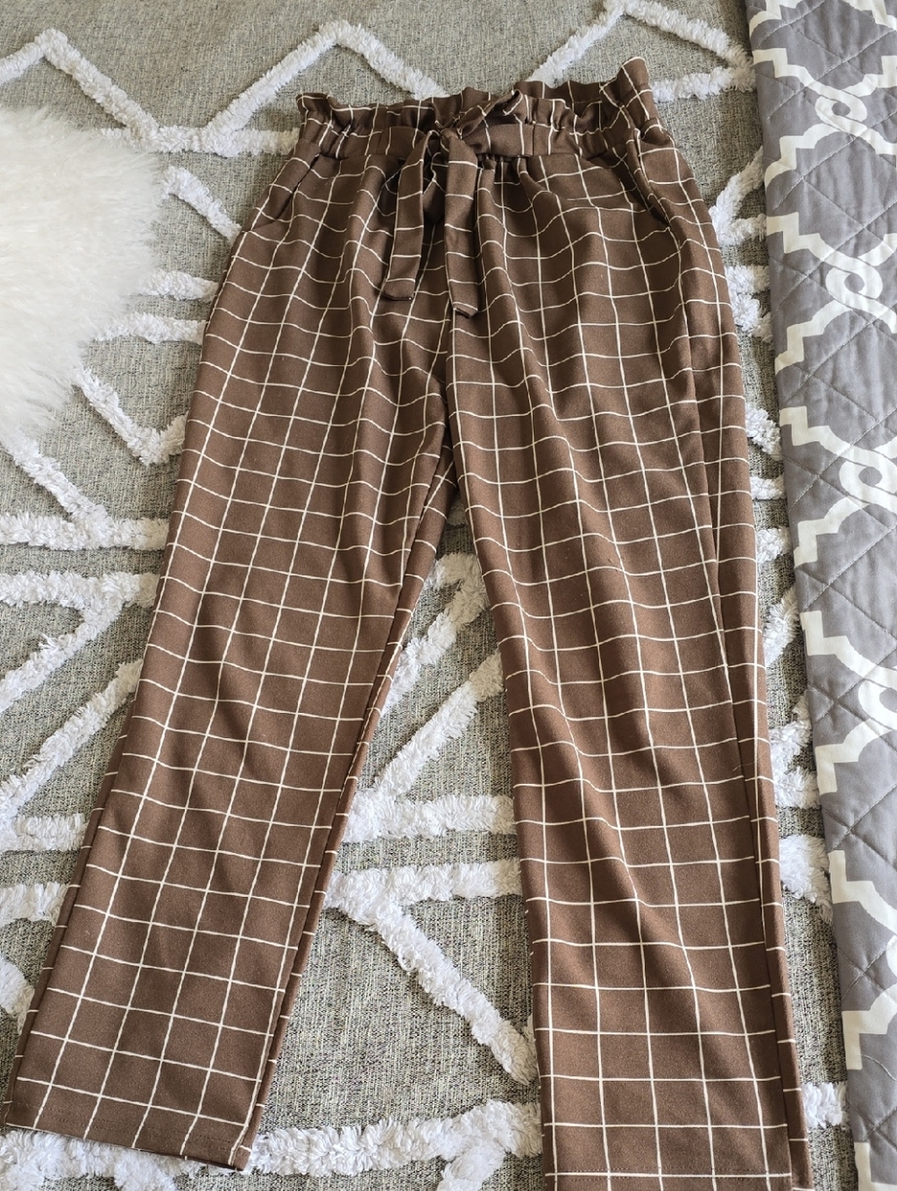 Soho Apparel Brown Windowpane Paperbag Waist Pants